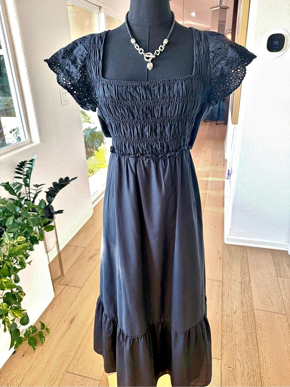 Zara Black Eyelet Tiered Midi Dress with Puff Sleeves Size Medium Fully Lined 10